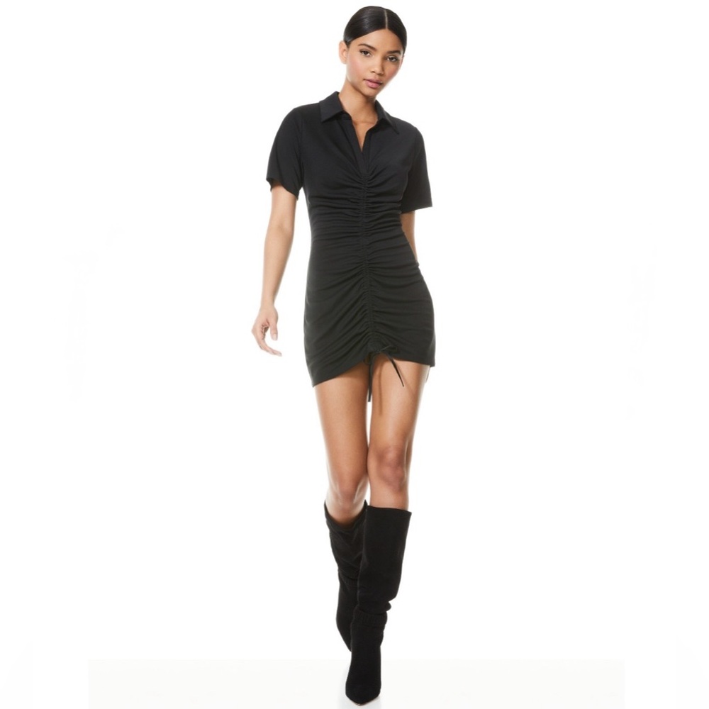 NWT Alice + Olivia Black Ruched Front Polo Mini Dress
